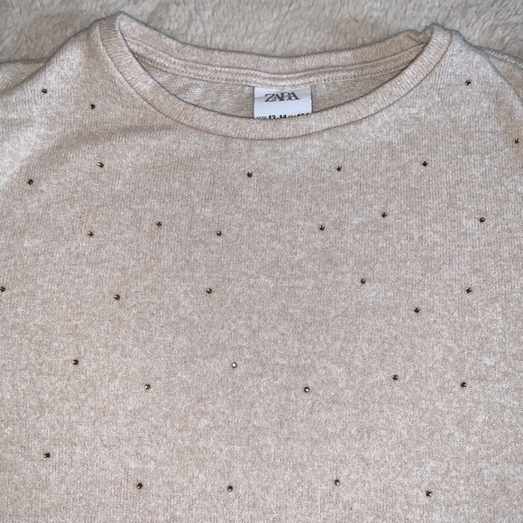 Zara Girl 13/14 Tan Sweater Puff Shoulder EUC Gold Rhinestones - Picture 11 of 13